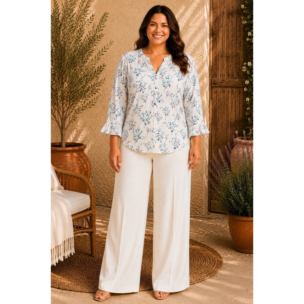 Van Heusen XXL Floral Blouse White Blue 3/4 Bell Sleeve Boho Pull On Top QQ06